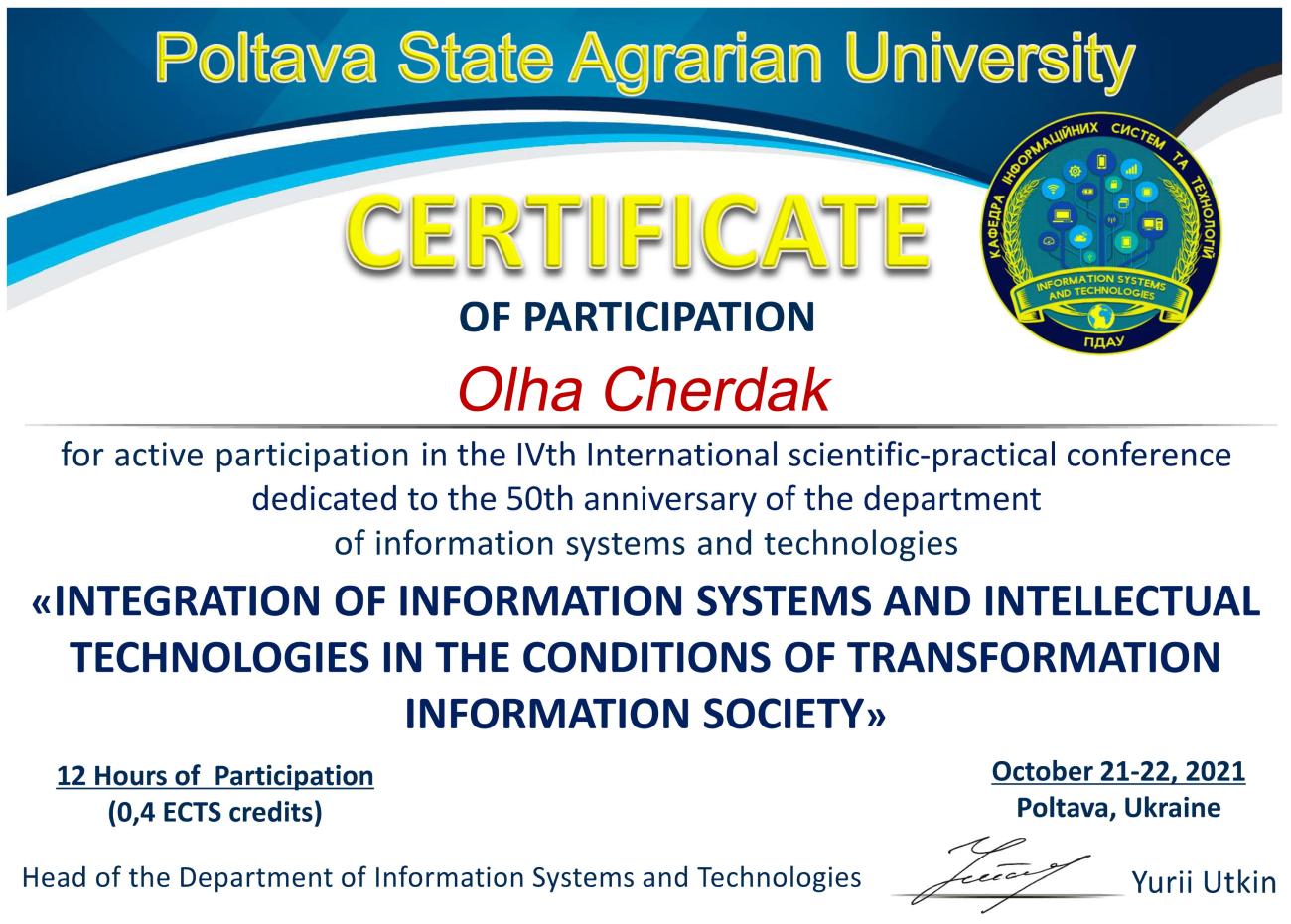Certificado de la participación activa en la IV Conferencia Científica y Práctica Internacional Certificado de la participación activa en la IV Conferencia Científica y Práctica Internacional