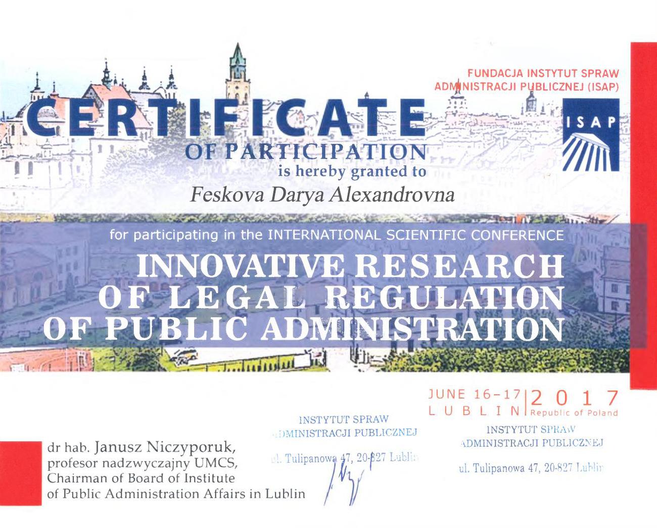 Certificado de la participación en la Conferencia Científica Internacional Certificado de la participación en la Conferencia Científica Internacional