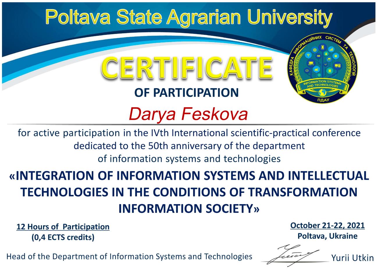 Certificado de participación en la IV Conferencia Científica y Práctica Internacional Certificado de participación en la IV Conferencia Científica y Práctica Internacional