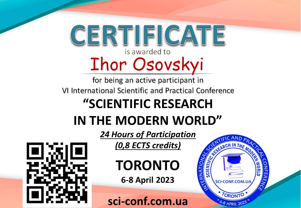 Certificado de participación en la VI Conferencia Científica y Práctica Internacional «SCIENTIFIC RESEARCH IN THE MODERN WORLD» que se celebró del 6 al 8 de abril de 2023 en Toronto, Canadá Certificado de participación en la VI Conferencia Científica y Práctica Internacional «SCIENTIFIC RESEARCH IN THE MODERN WORLD» que se celebró del 6 al 8 de abril de 2023 en Toronto, Canadá