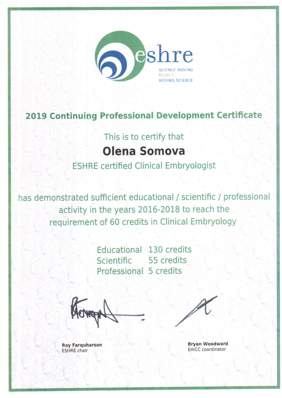 2019 Certificado de Embriólogo Clínico de la ESHRE 2019 Certificado de Embriólogo Clínico de la ESHRE
