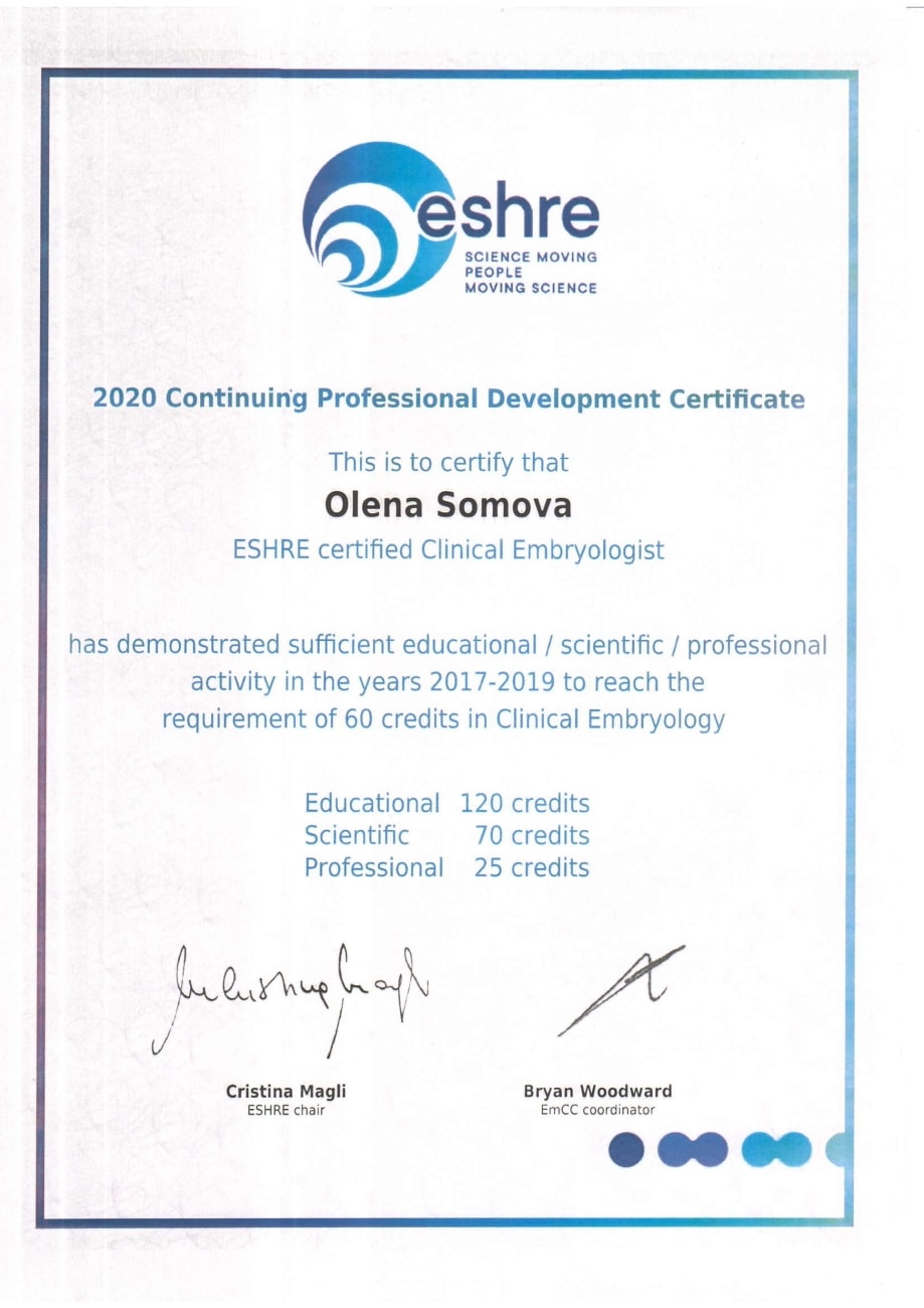 2020 Certificado de Embriólogo Clínico de la ESHRE 2020 Certificado de Embriólogo Clínico de la ESHRE