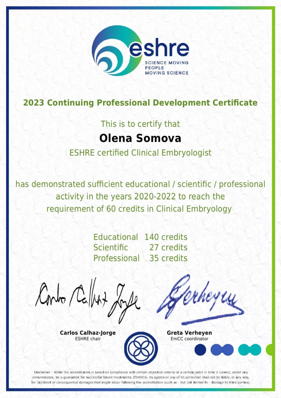 2023 Certificado de Embriólogo Clínico de la ESHRE 2023 Certificado de Embriólogo Clínico de la ESHRE