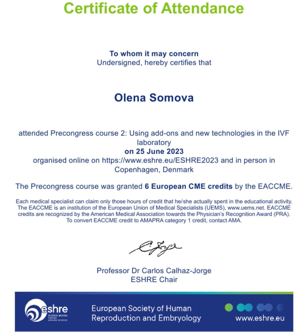 Certificado ESHRE 2023 por realizar el curso Certificado ESHRE 2023 por realizar el curso