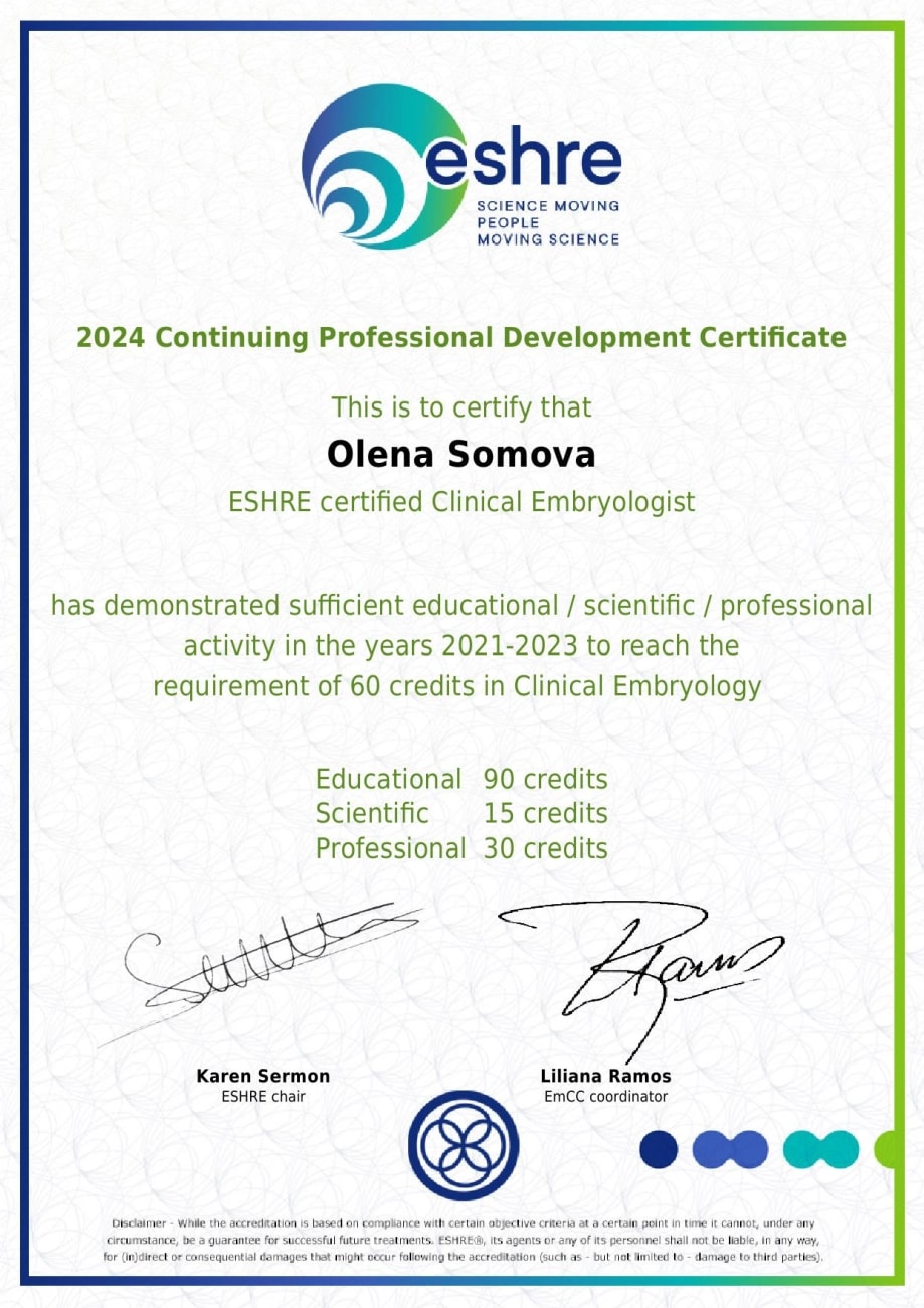 2024 Certificado de Embriólogo Clínico de la ESHRE 2024 Certificado de Embriólogo Clínico de la ESHRE