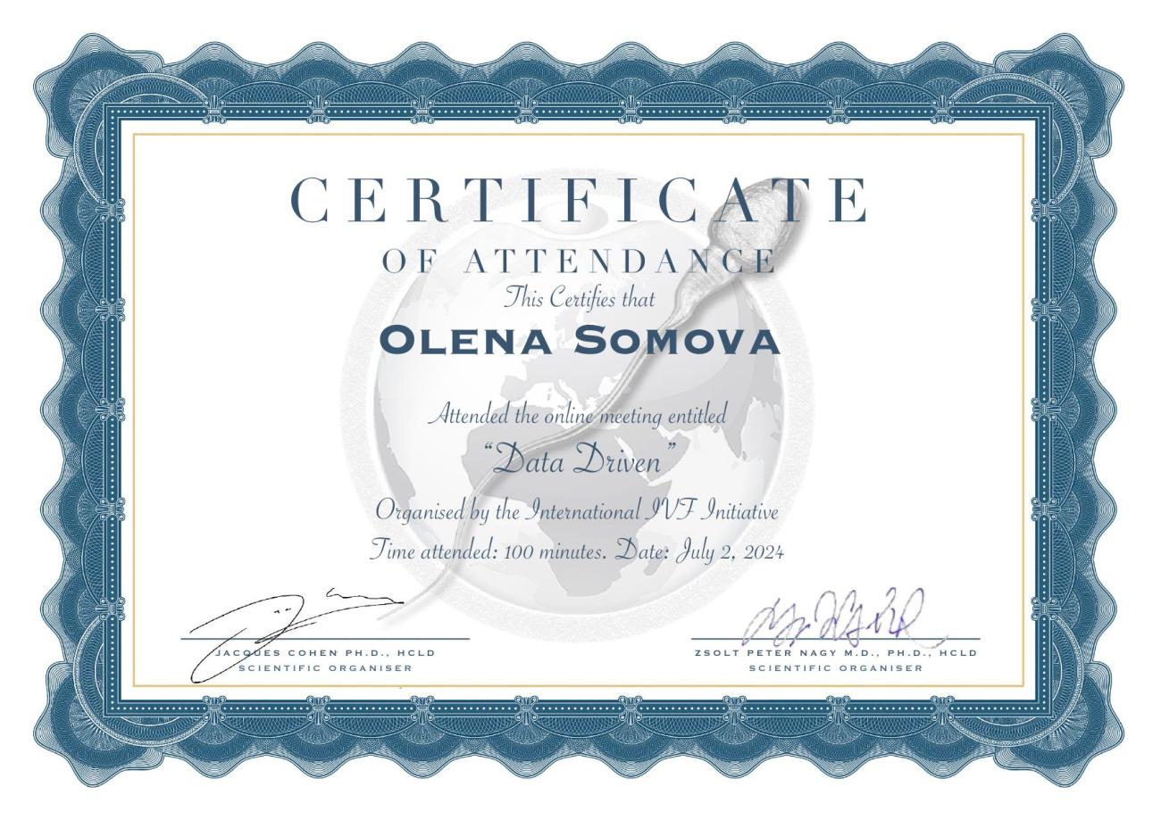 Certificado del participante en el encuentro online “Data Driven” organizado por la “International IVF Initiative Time” Certificado del participante en el encuentro online “Data Driven” organizado por la “International IVF Initiative Time”