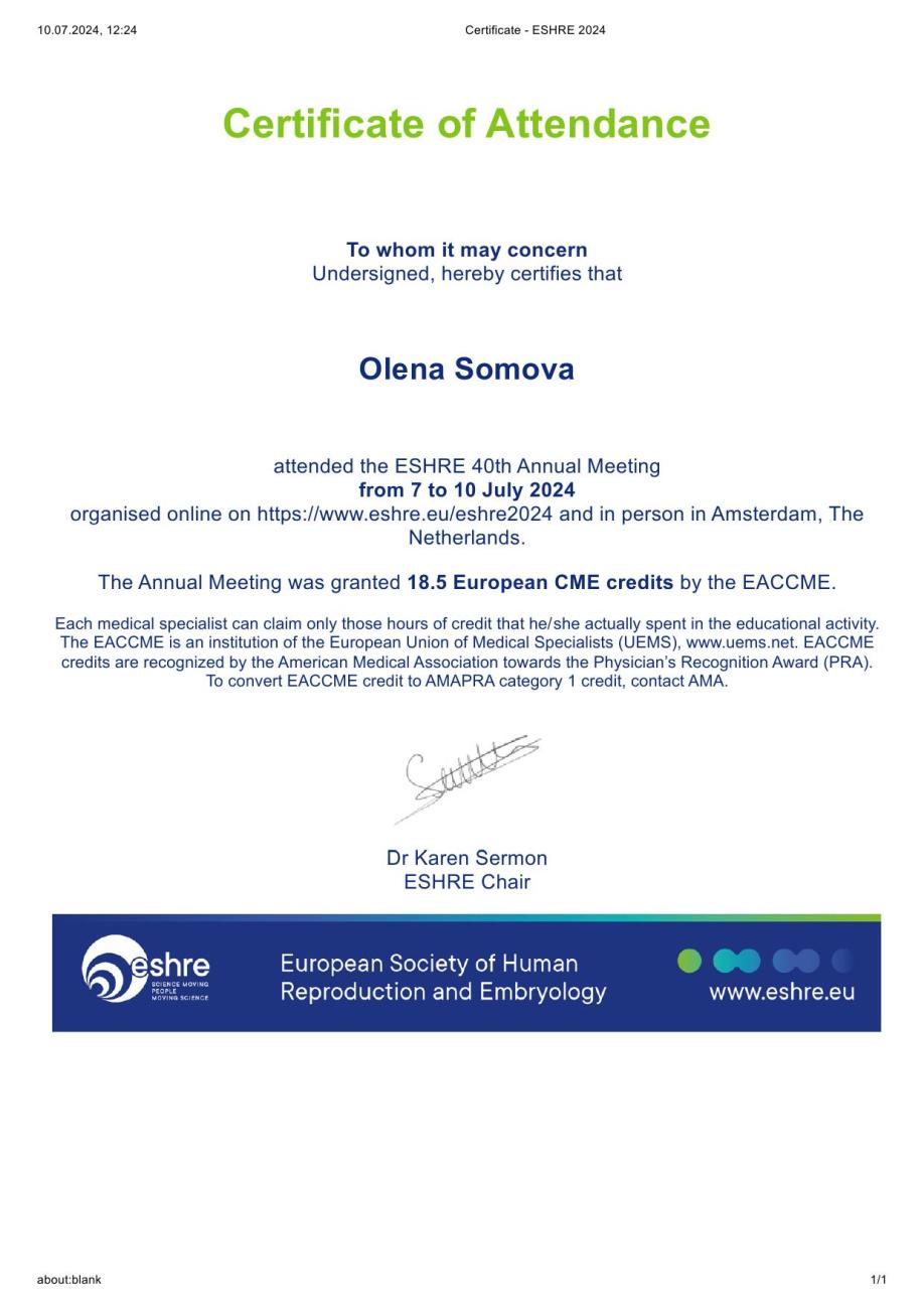 Certificado de participación en la 40ª Conferencia Anual ESHRE, que se celebró del 7 al 10 de julio de 2024 en Ámsterdam (Países Bajos) Certificado de participación en la 40ª Conferencia Anual ESHRE, que se celebró del 7 al 10 de julio de 2024 en Ámsterdam (Países Bajos)