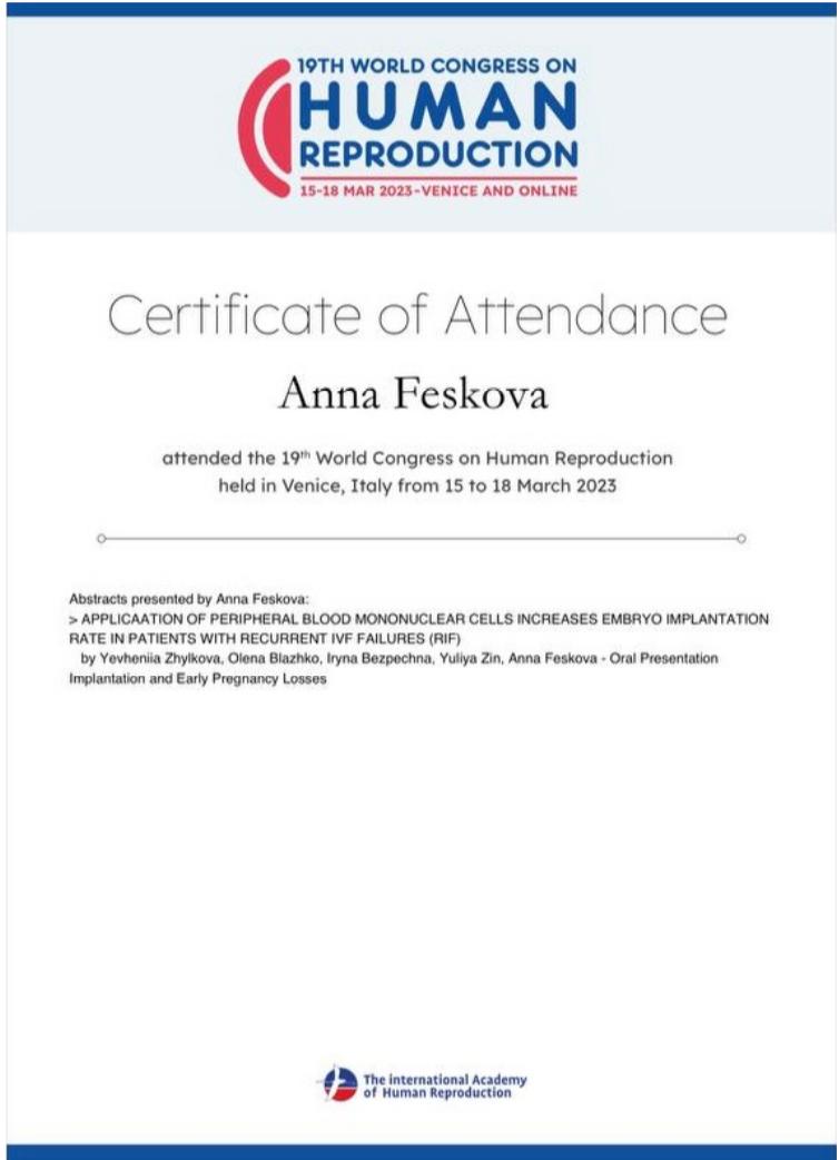 Certificado de participación en el 19° Congreso Mundial de Reproducción Humana (19th World Congress on human reproduction) que se celebró en Venecia, Italia del 15 al 18 de marzo de 2023 Certificado de participación en el 19° Congreso Mundial de Reproducción Humana (19th World Congress on human reproduction) que se celebró en Venecia, Italia del 15 al 18 de marzo de 2023