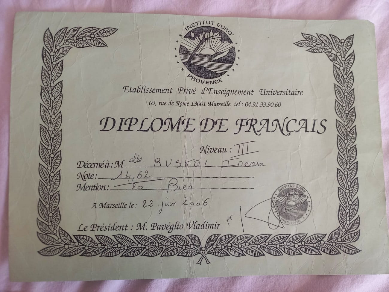 Diploma del Instituto Euro Provence en Marsella, Francia Diploma del Instituto Euro Provence en Marsella, Francia