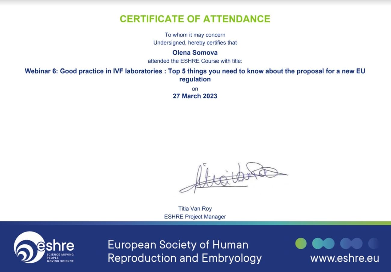 Certificado de participación en el curso ESHRE: Webinar sobre trabajo exitoso en laboratorios de FIV Certificado de participación en el curso ESHRE: Webinar sobre trabajo exitoso en laboratorios de FIV