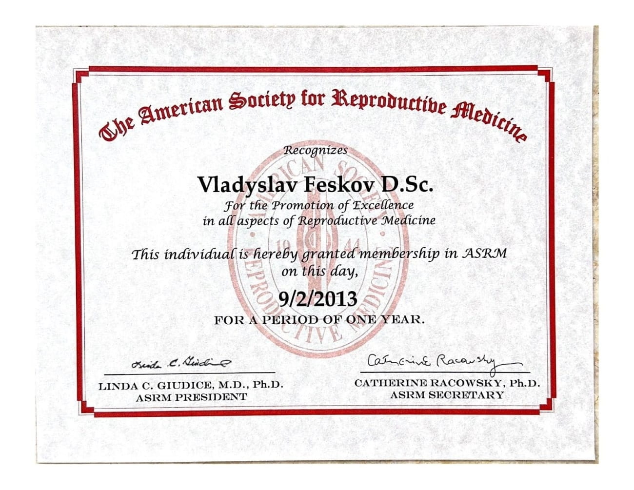 Certificado de membresía de la Sociedad Estadounidense de Medicina Reproductiva (ASRM) Certificado de membresía de la Sociedad Estadounidense de Medicina Reproductiva (ASRM)