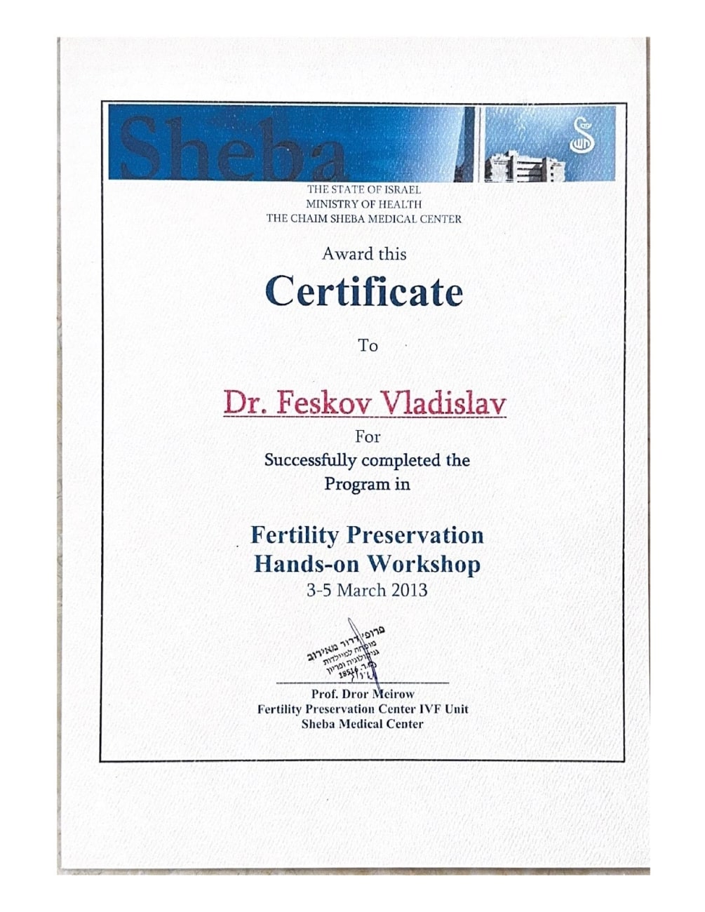 Certificado de finalización exitosa del Seminario Práctico sobre Preservación de la Fertilidad Certificado de finalización exitosa del Seminario Práctico sobre Preservación de la Fertilidad