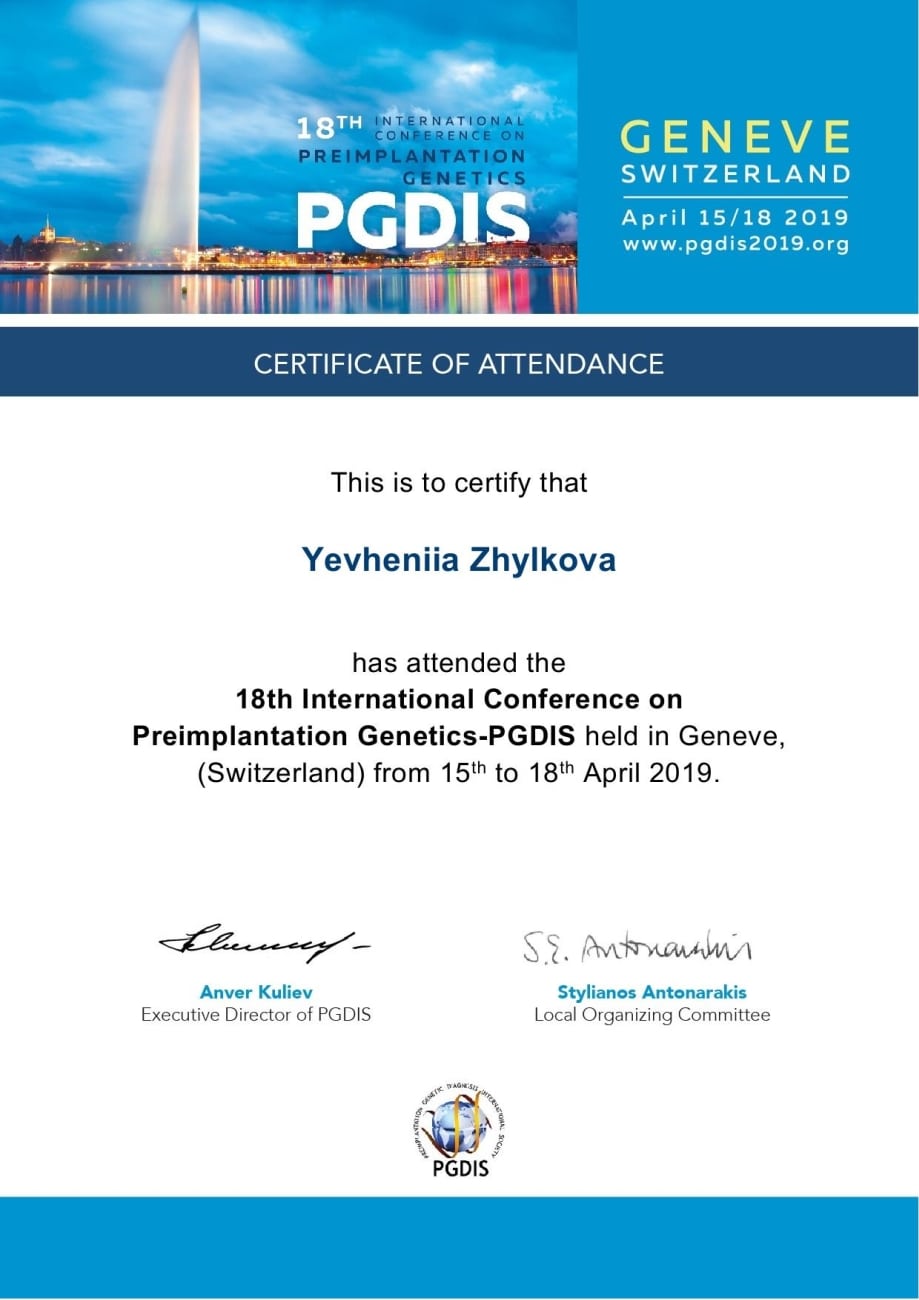 Participó en la 18ª Conferencia Internacional sobre Diagnóstico Genético Preimplantacional en Ginebra (Suiza). Y recibí un certificado Participó en la 18ª Conferencia Internacional sobre Diagnóstico Genético Preimplantacional en Ginebra (Suiza). Y recibí un certificado